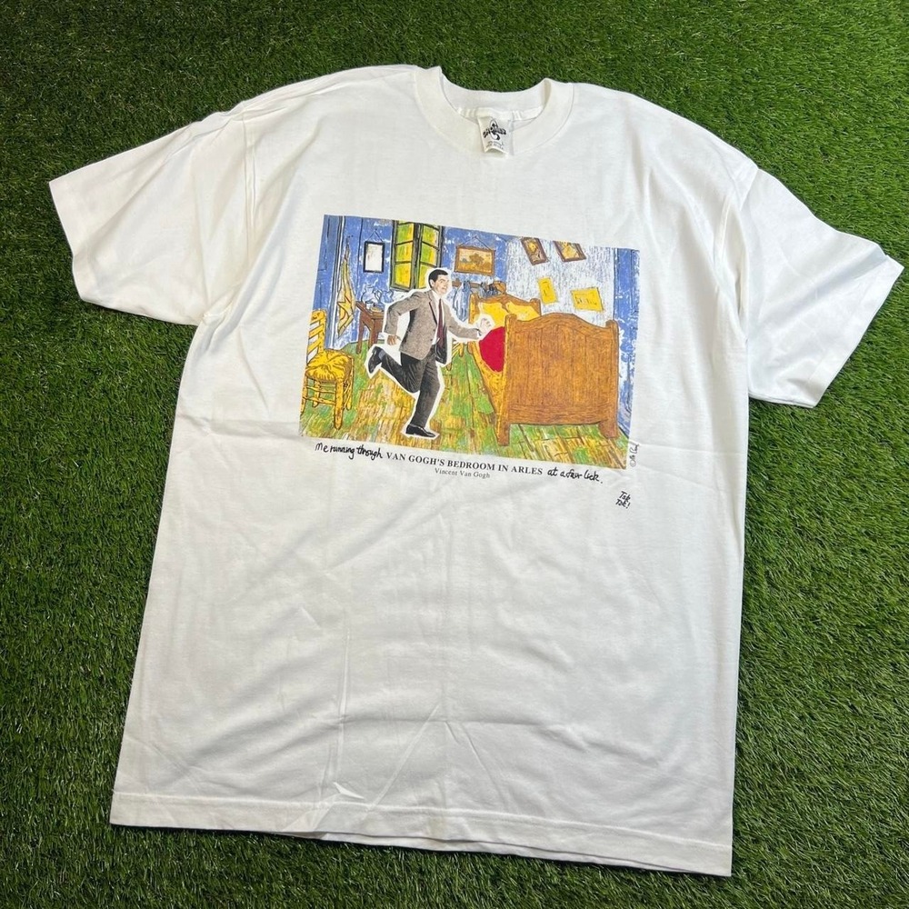 Vintage Mr. Bean Van Gogh Bed T-Shirt L Single Stitch Made USA 90s TV Art Tee Co